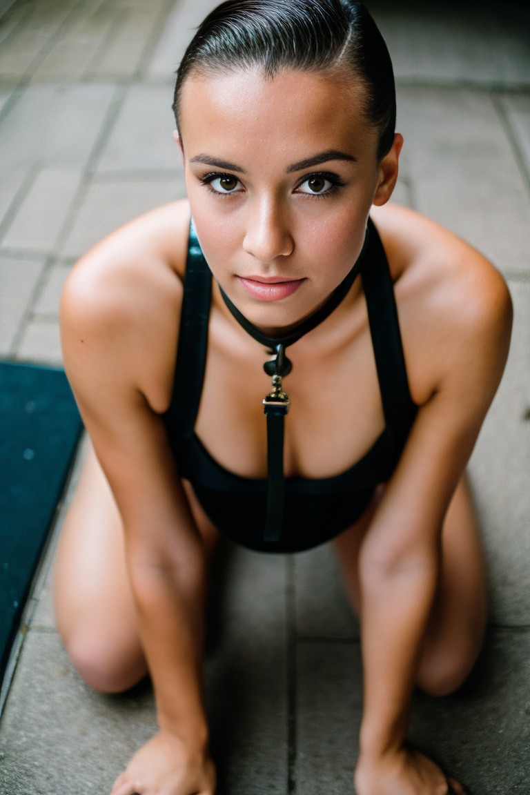 a woman in black leather choker posing on the floor