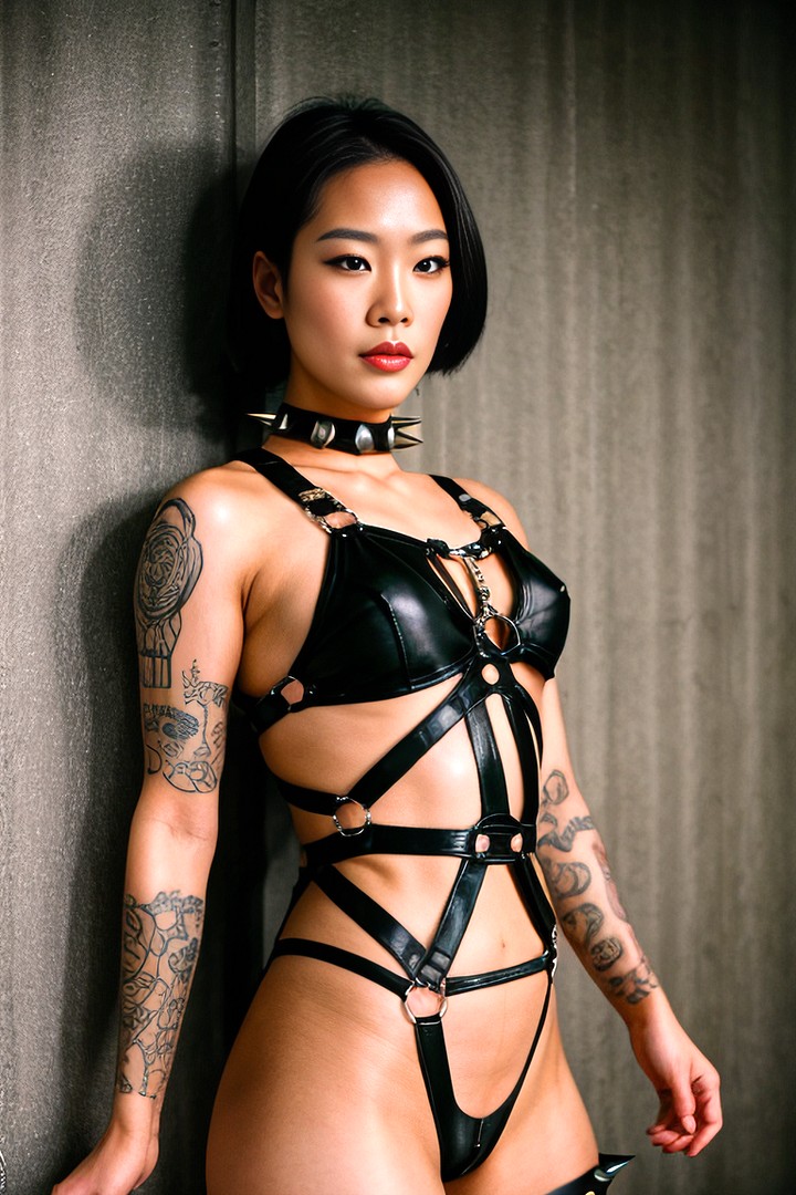 a woman with tattoos posing in black leather